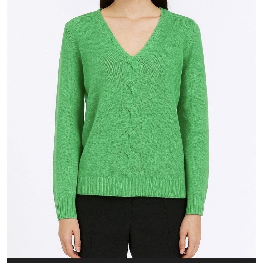 Talbots Green Wool Cashmere Cable Knit Detail V-Neck Sweater Women's Size L